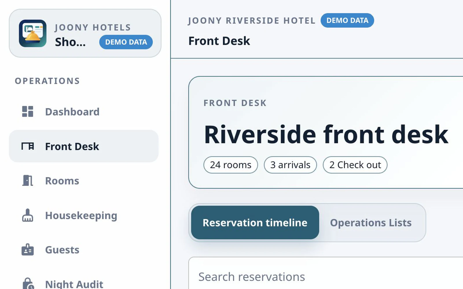 Joony Hotels reservation timeline with room stays